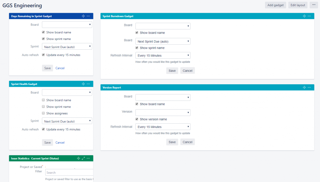 Adding widgets to a JIRA dashboard.